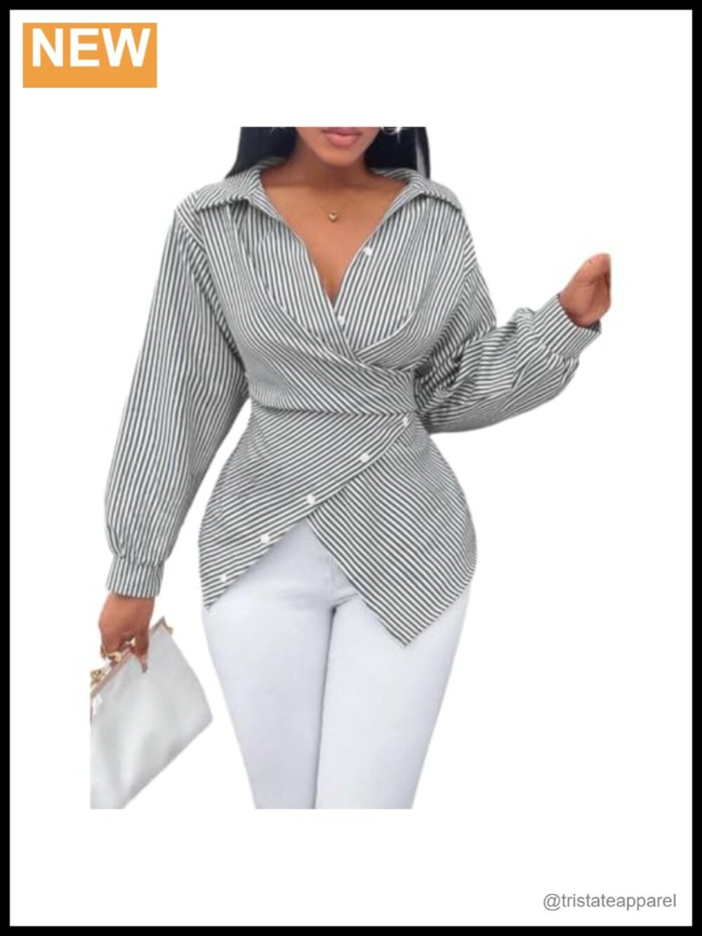 Striped V-Neck Wrap Blouse Long Sleeve Slim Fit Button Shirt